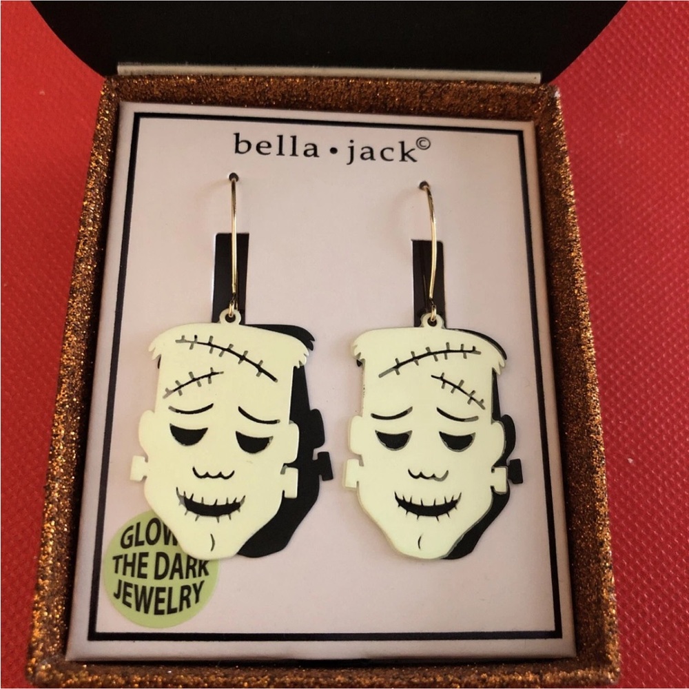 Bella & Jack Glow-in-the-Dark Frankenstein Face Drop Earrings NIB